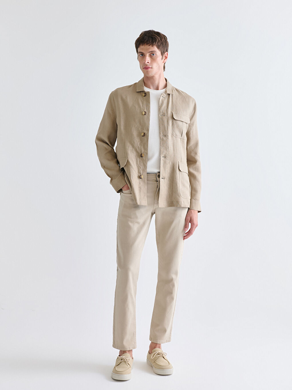 Bej Standart Kalıp Gömlek Yaka %100 Keten Erkek Mont-1