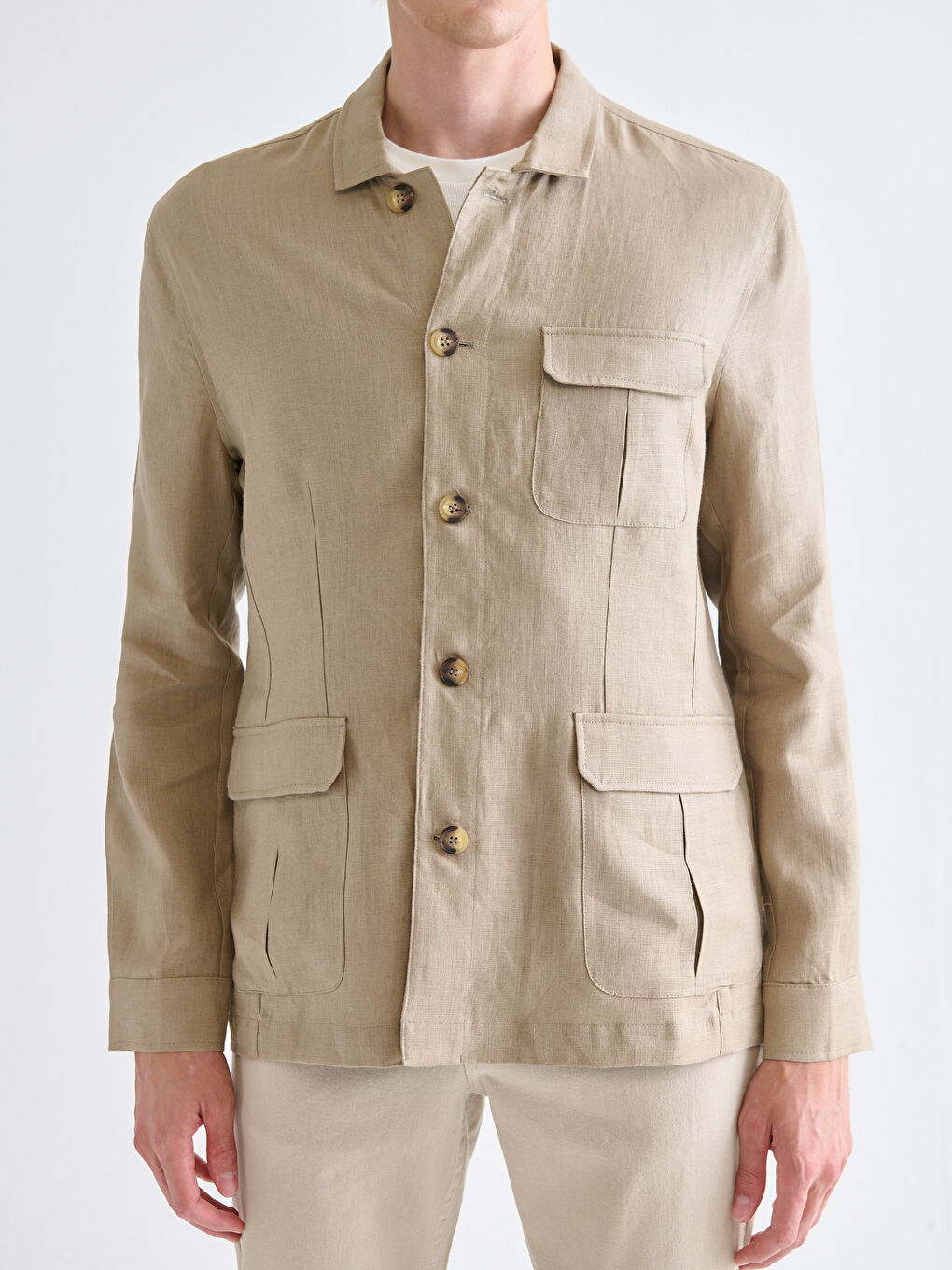 Bej Standart Kalıp Gömlek Yaka %100 Keten Erkek Mont-2