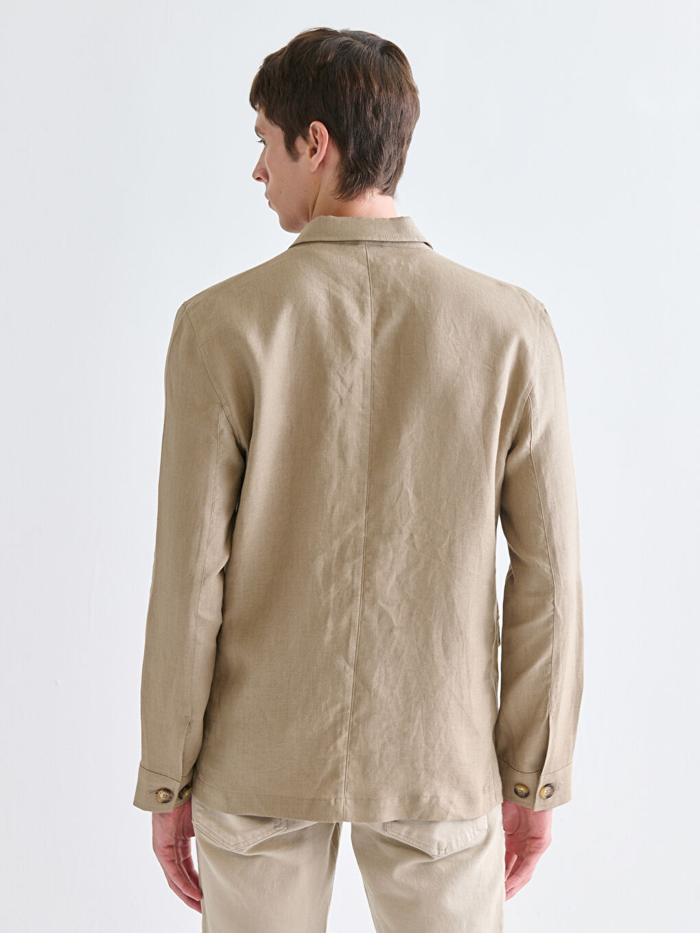 Bej Standart Kalıp Gömlek Yaka %100 Keten Erkek Mont-3
