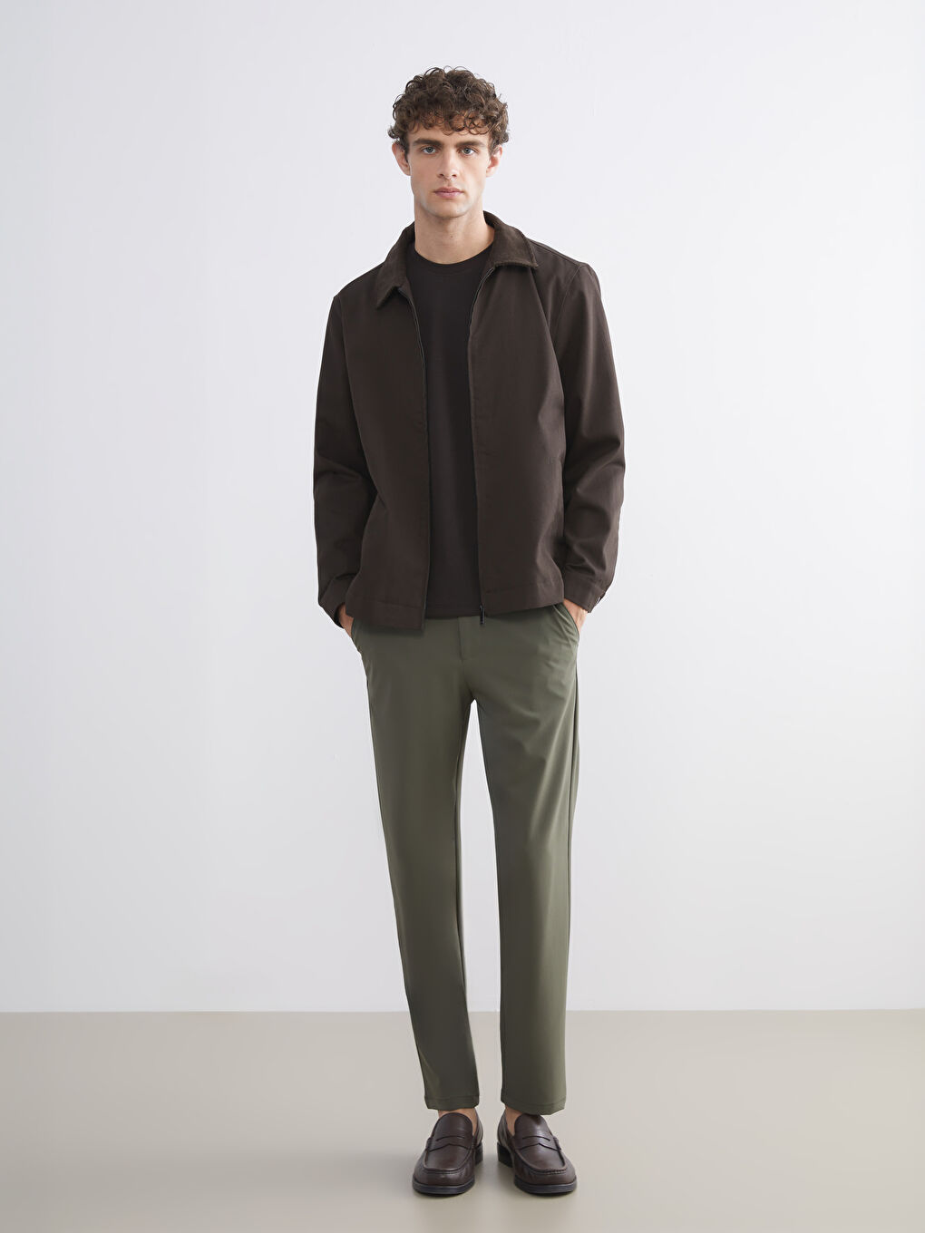 Kahverengi Standart Kalıp Kadife Yaka Erkek Mont-1