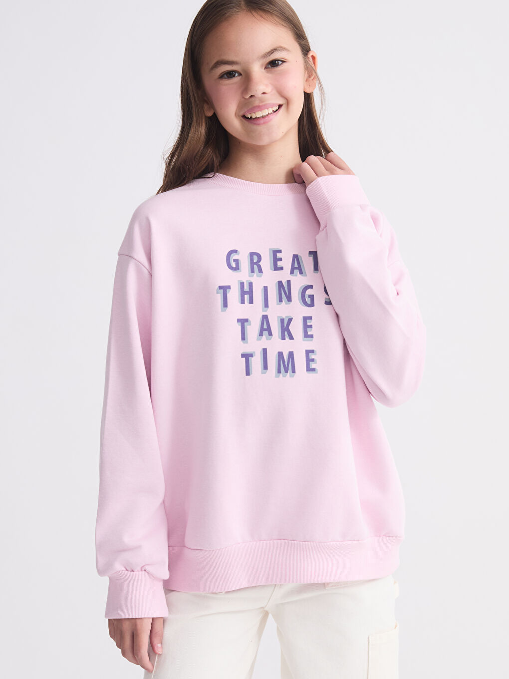 Pembe Bisiklet Yaka Baskılı Kız Çocuk Sweatshirt