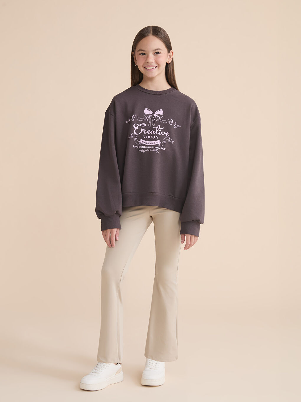 Қыздарға арналған принтті дөңгелек жағалы свитшот-1