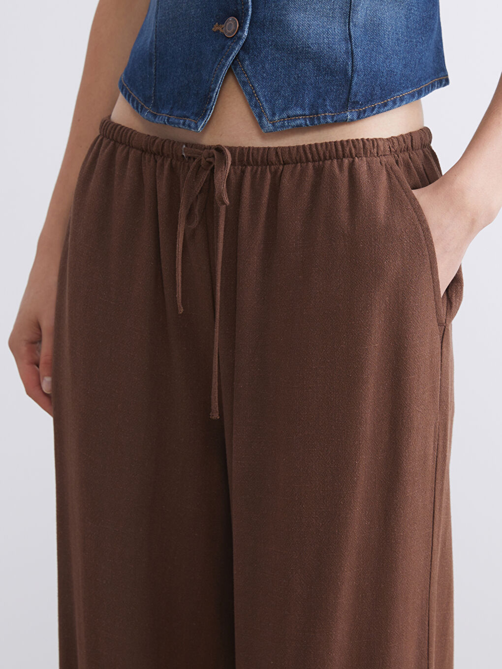 Women's Elastic Waist Linen Blend Trousers-2