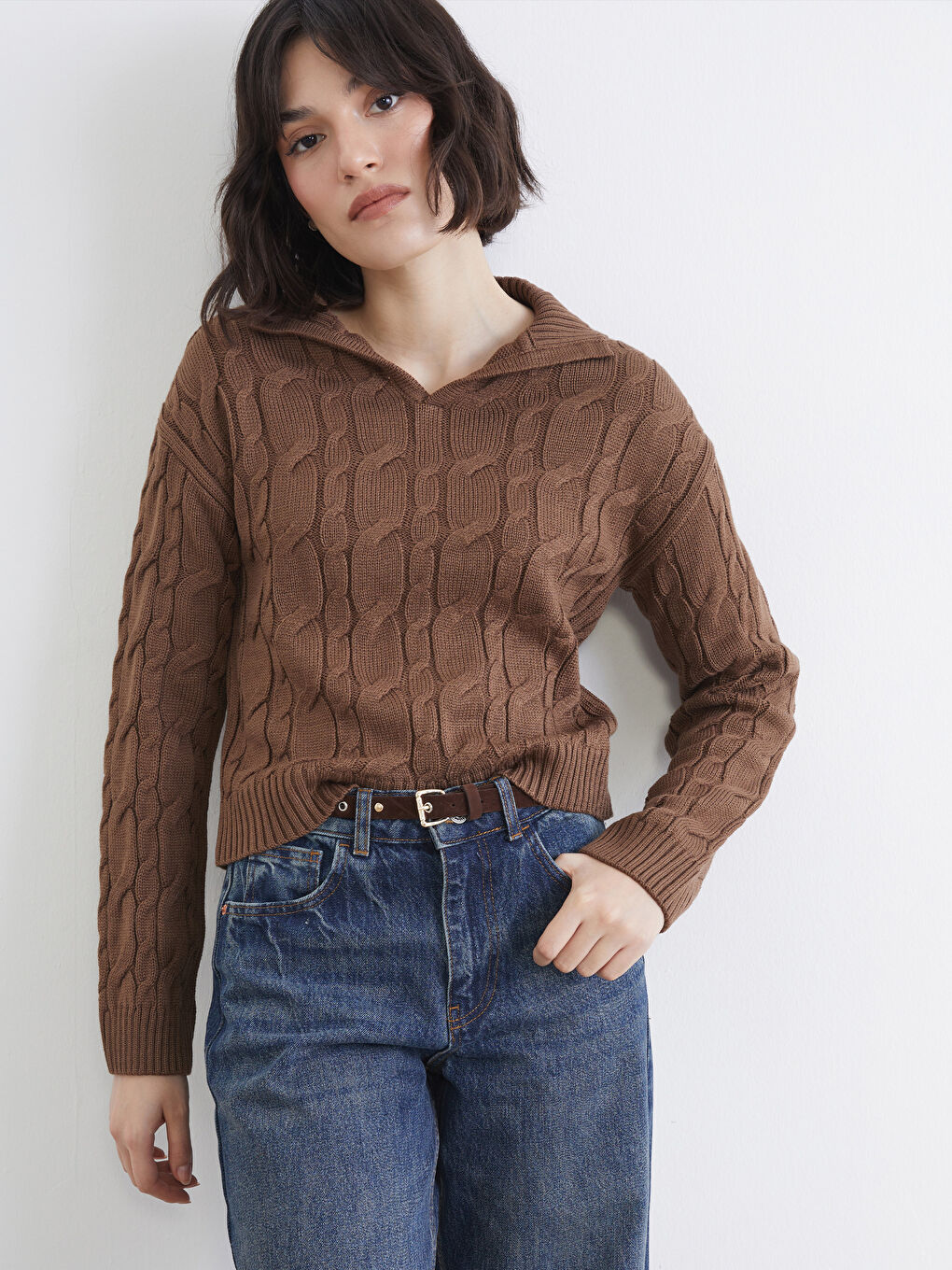 Polo Neck Self Patterned Women's Knitwear Sweater