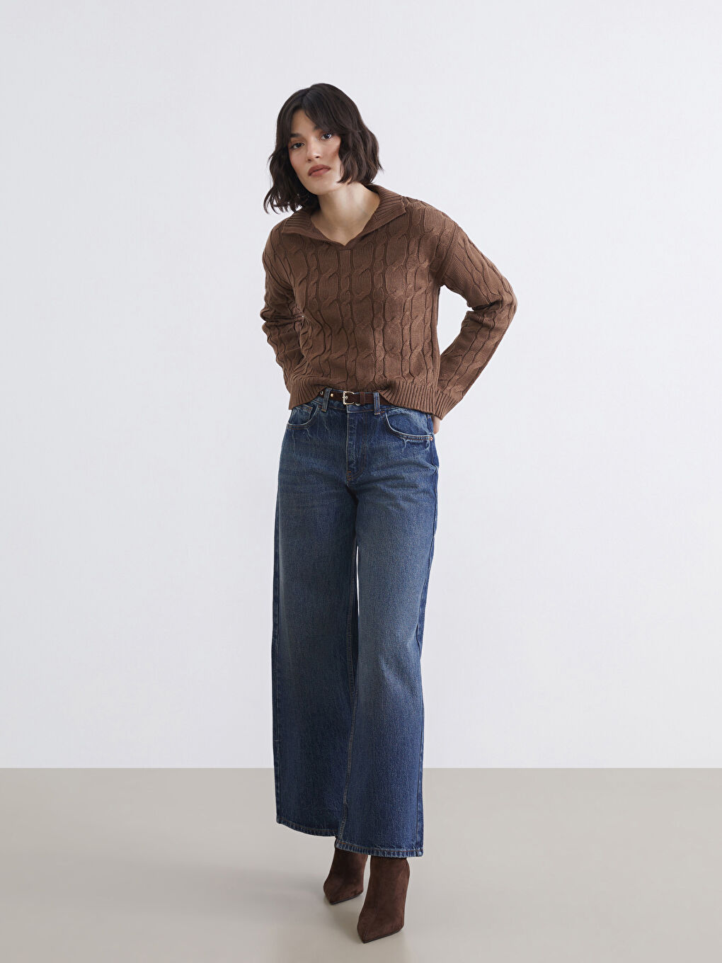 Polo Neck Self Patterned Women's Knitwear Sweater-1