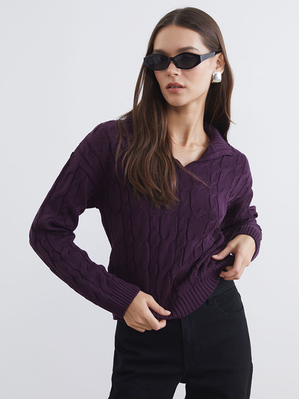 Polo Neck Self Patterned Women's Knitwear Sweater