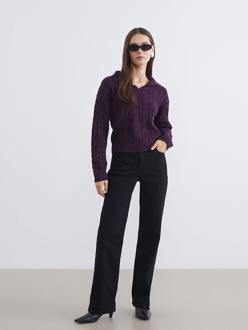 Polo Neck Self Patterned Women's Knitwear Sweater-1