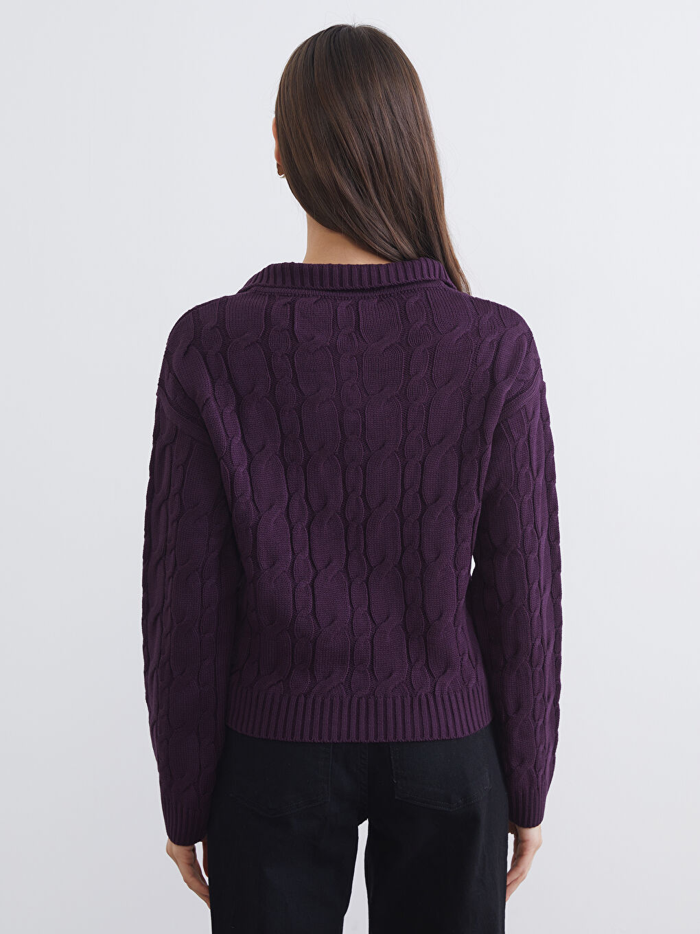 Polo Neck Self Patterned Women's Knitwear Sweater-3