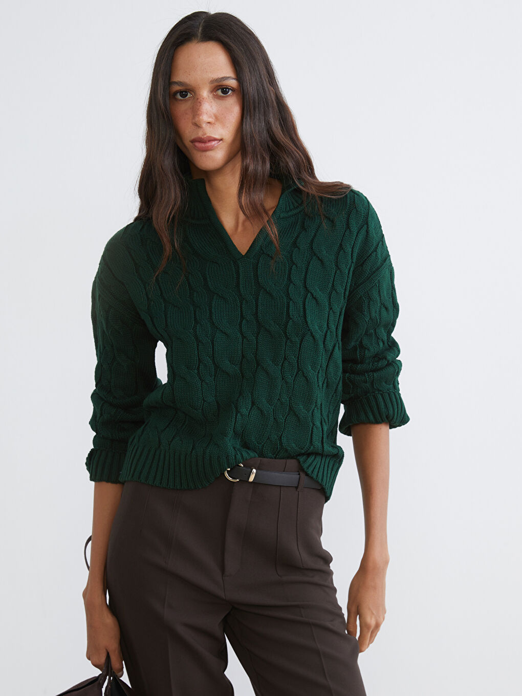 Polo Neck Self Patterned Women's Knitwear Sweater