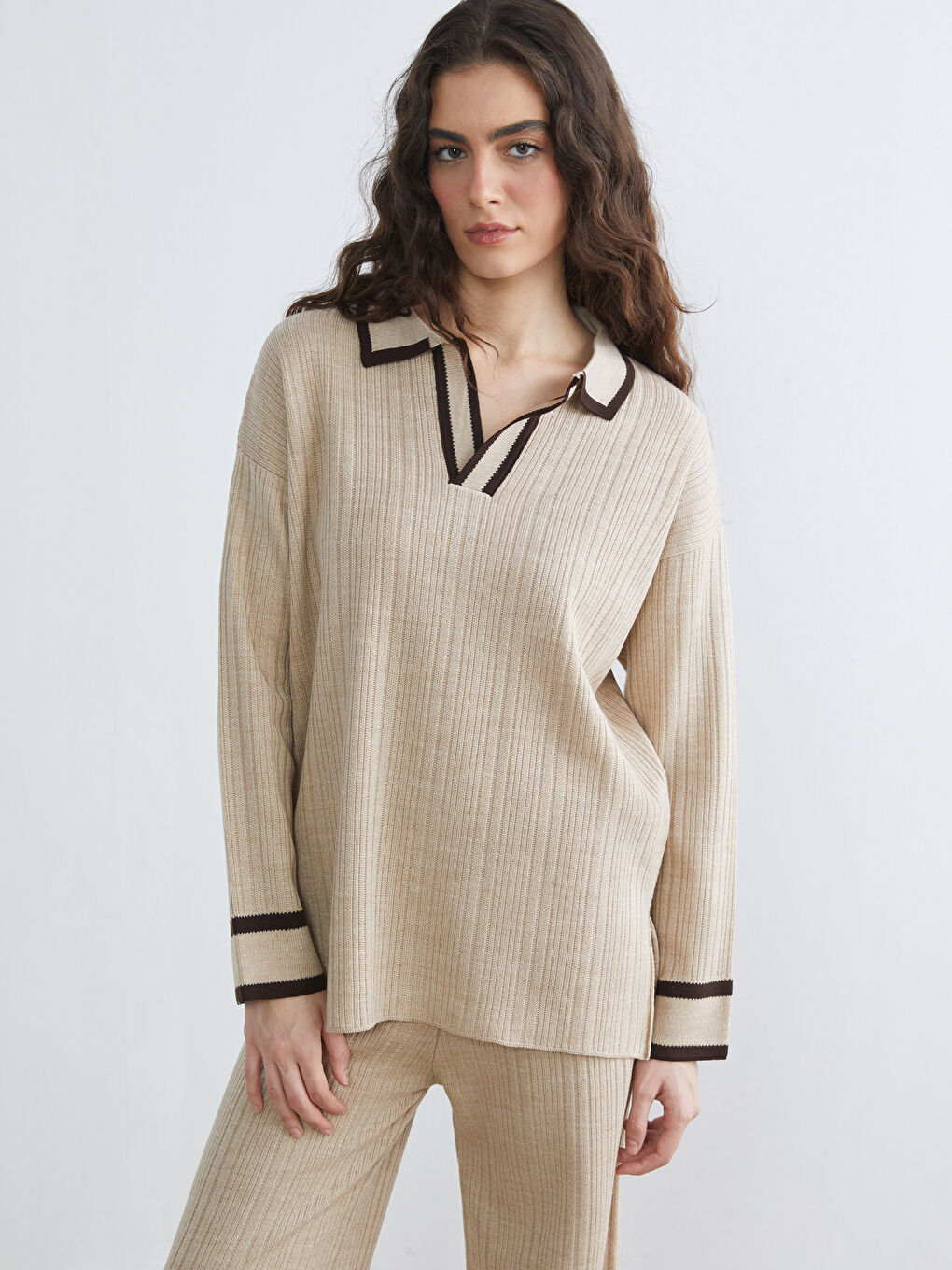 Polo Neck Striped Women's Knitwear Sweater