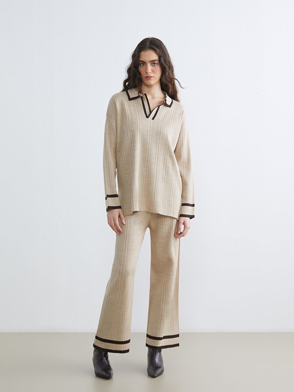 Polo Neck Striped Women's Knitwear Sweater-1