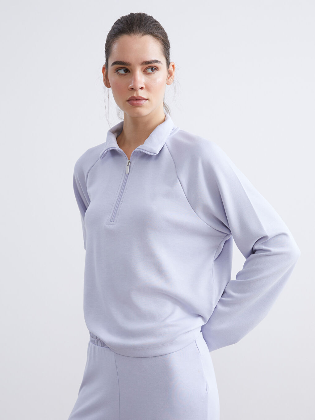 Lila Dik Yaka Oversize Kadın Sweatshirt