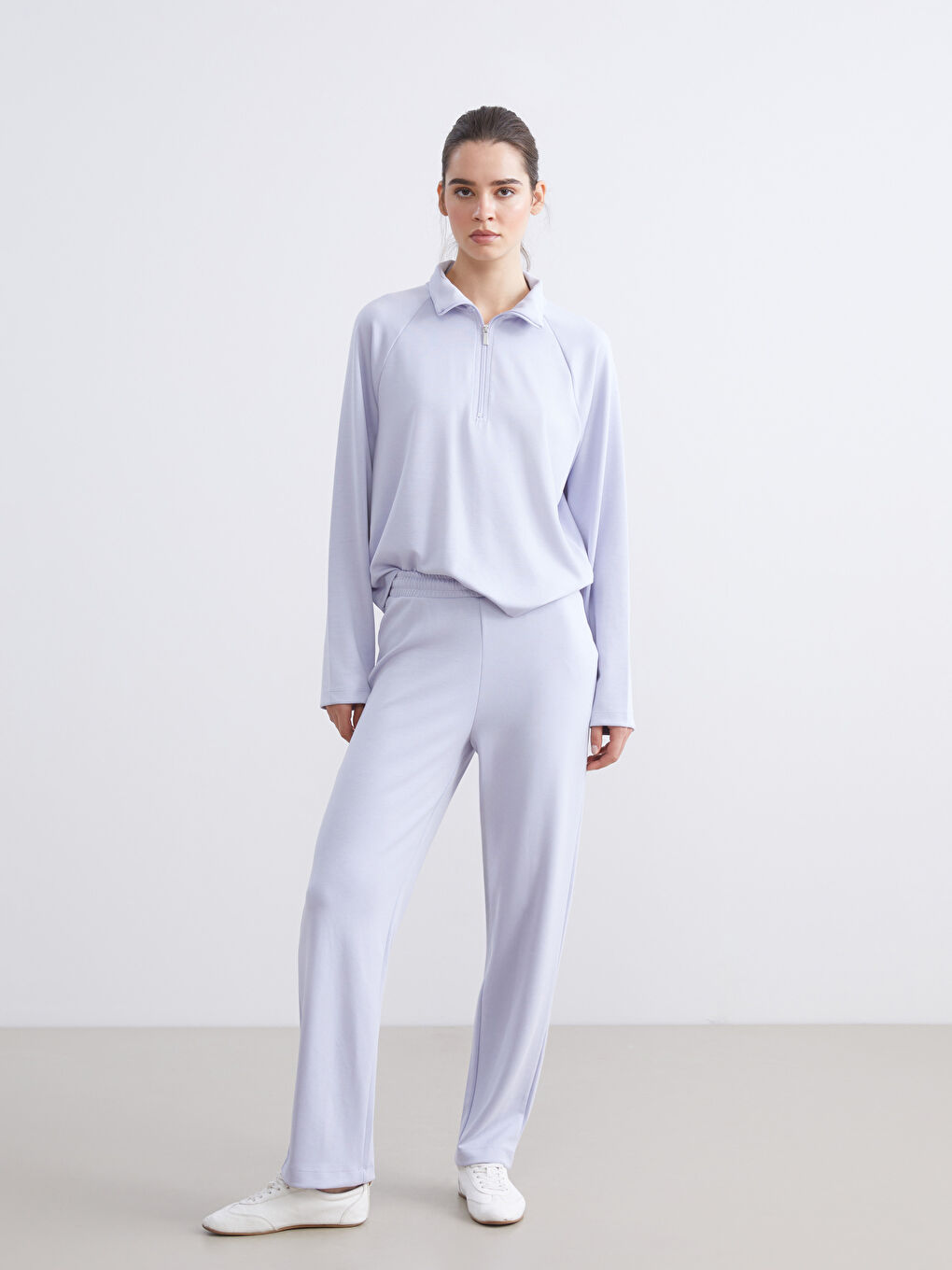 Lila Dik Yaka Oversize Kadın Sweatshirt-1