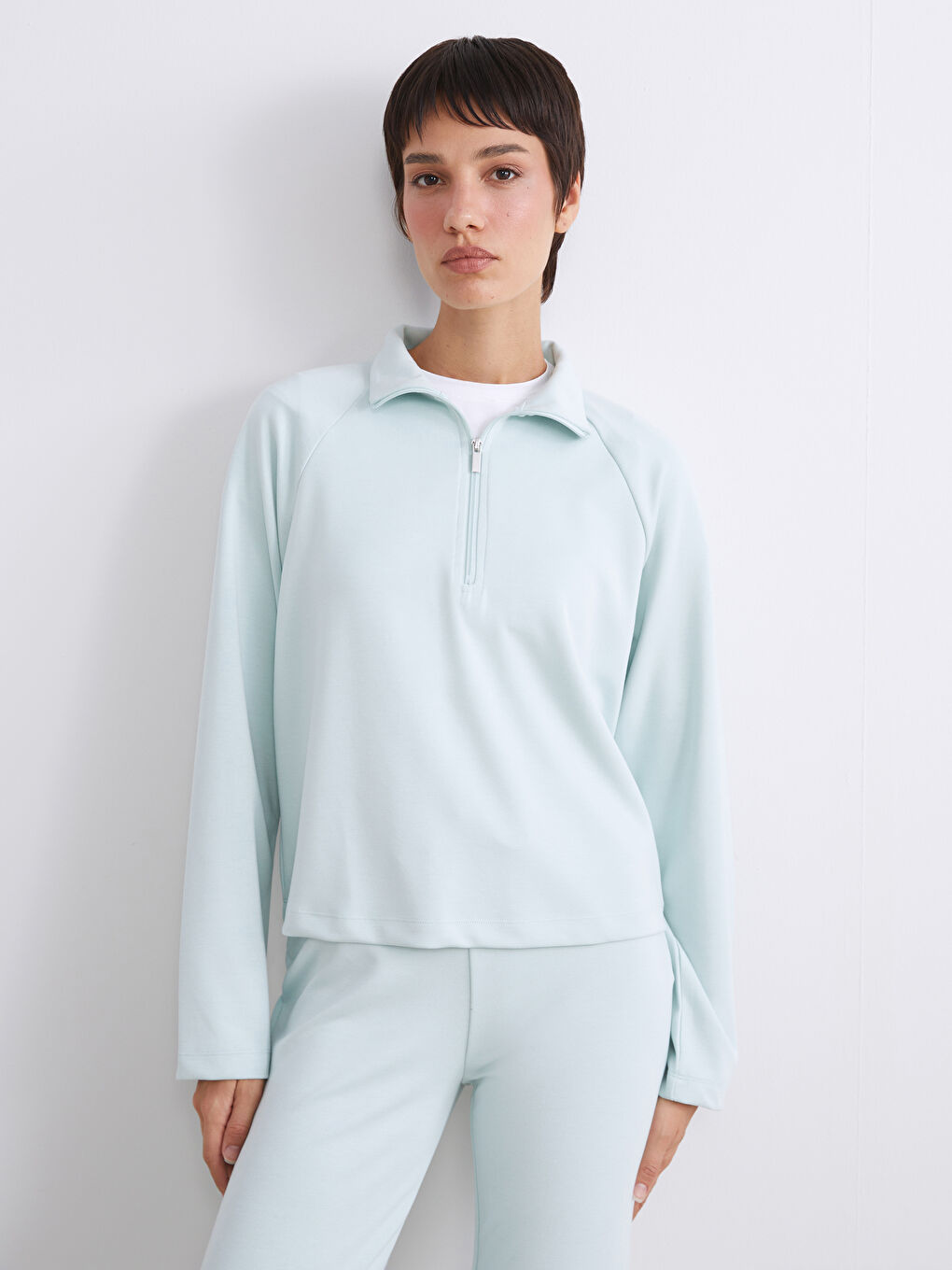 Turkuaz Dik Yaka Oversize Kadın Sweatshirt