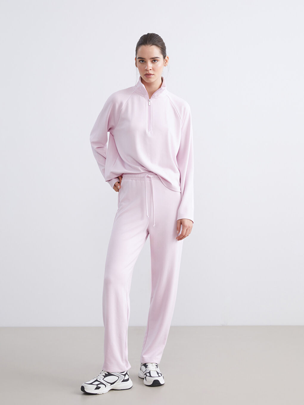 Pembe Dik Yaka Oversize Kadın Sweatshirt-1