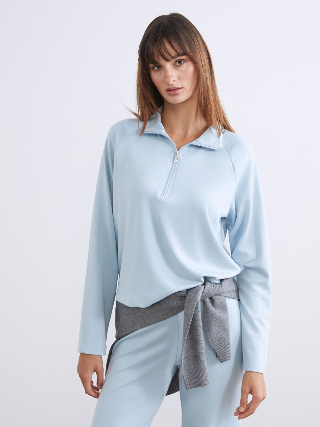 Mavi Dik Yaka Oversize Kadın Sweatshirt-1