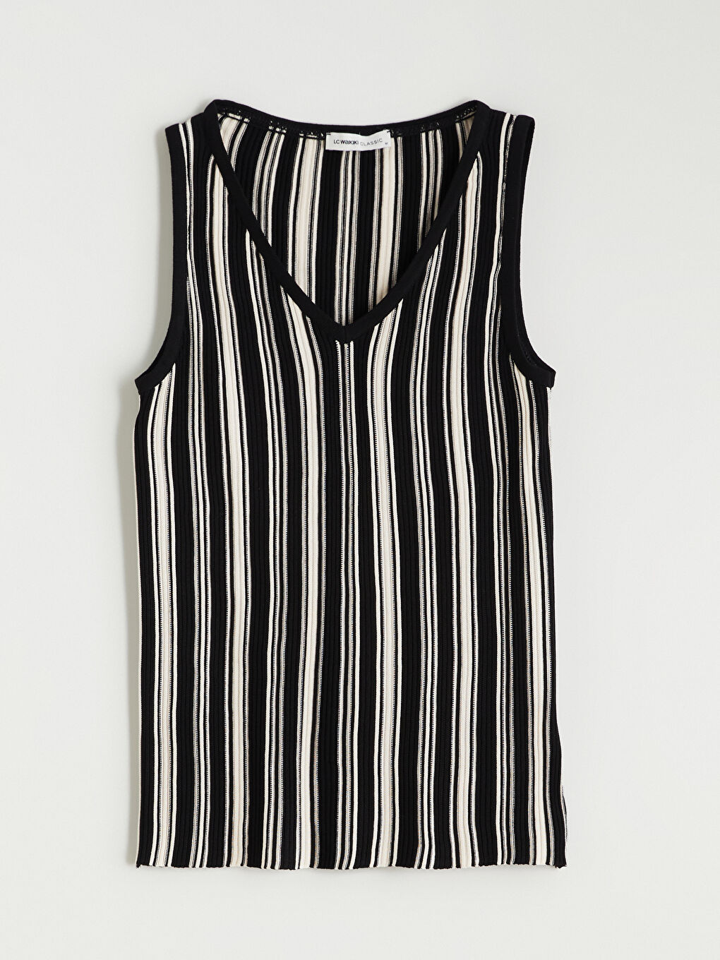 Ekru V Yaka Çizgili Kadın Triko Atlet-5