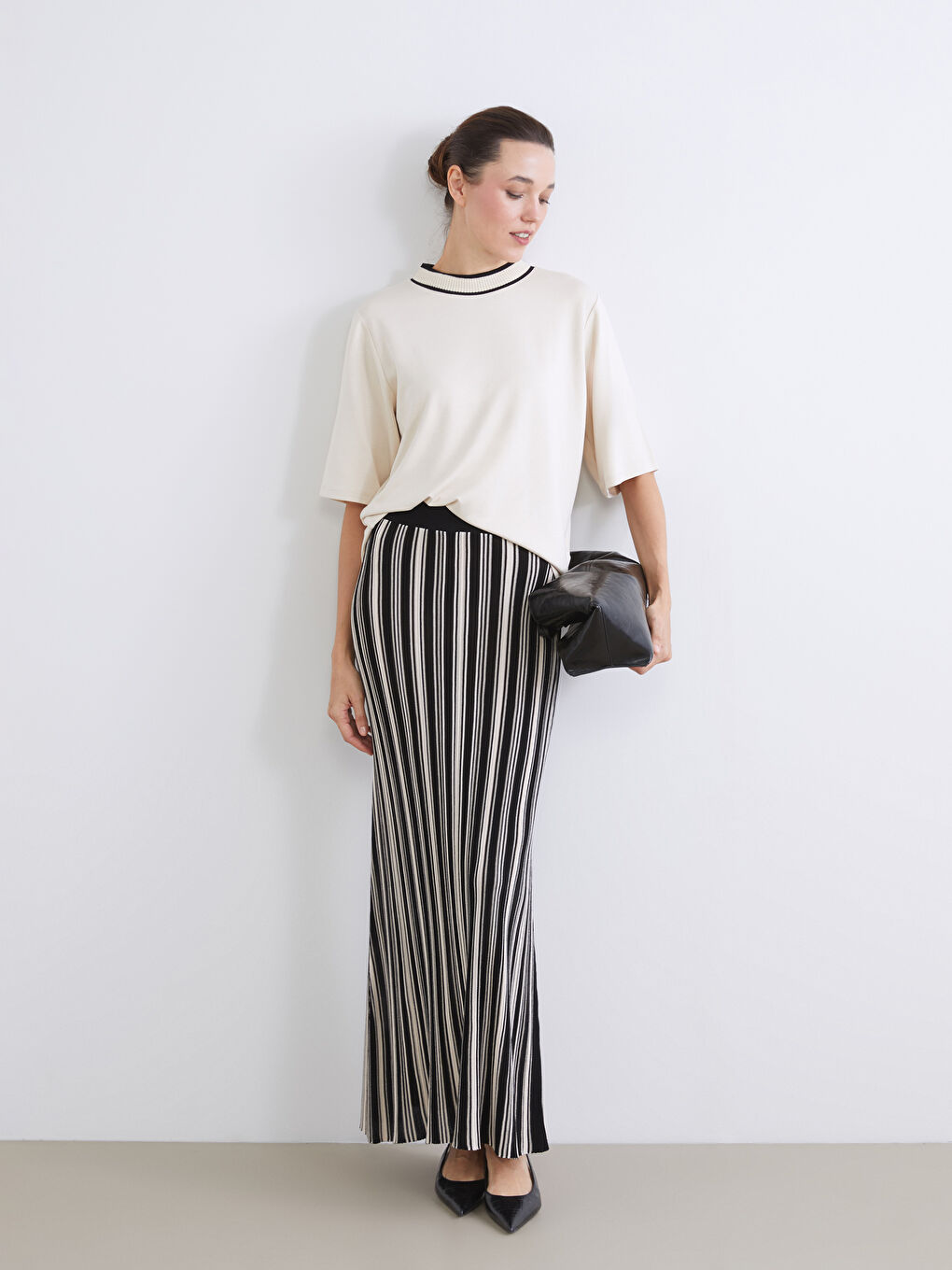 Ekru Beli Lastikli Çizgili Etek-1