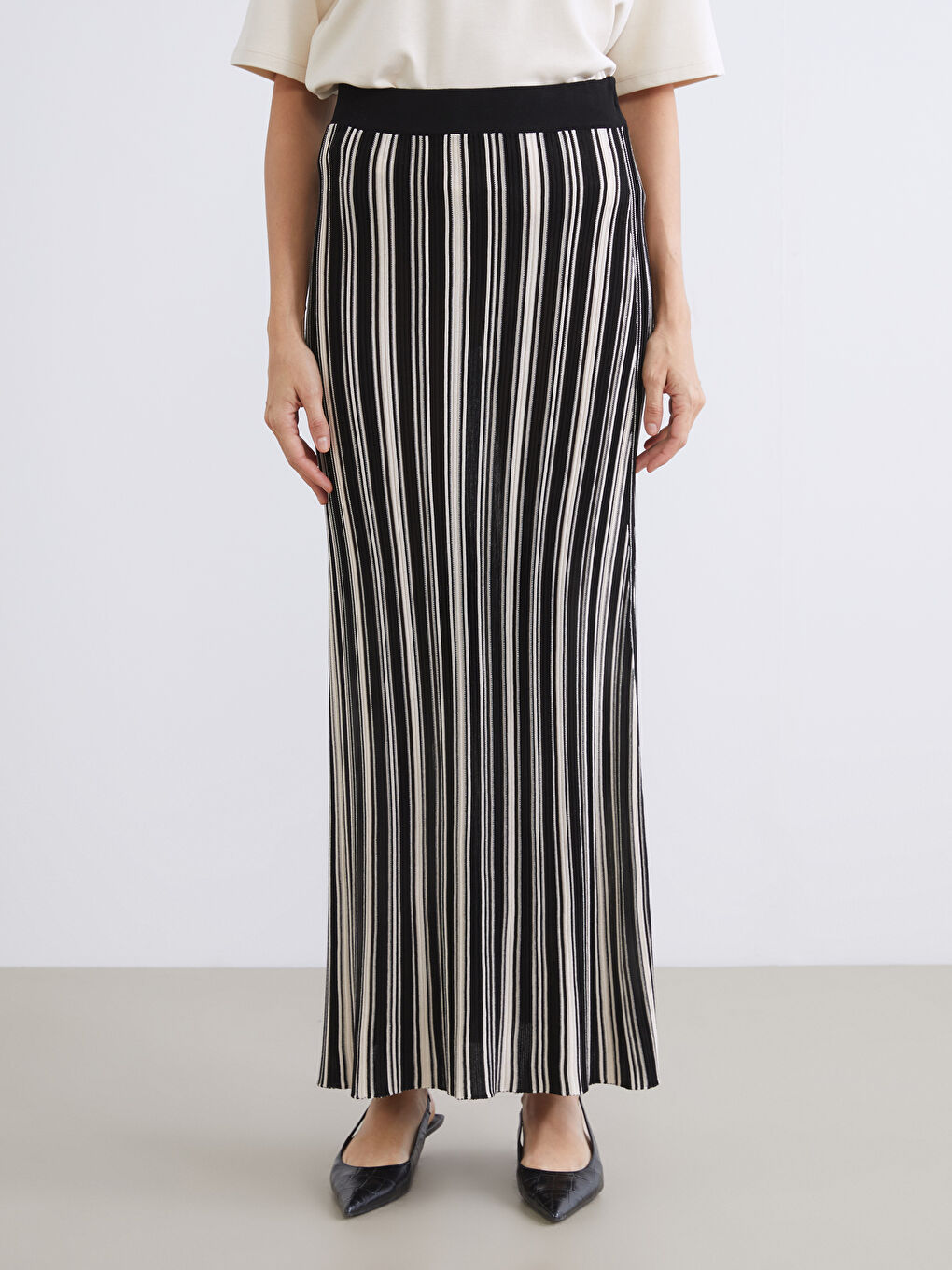 Ekru Beli Lastikli Çizgili Etek-2