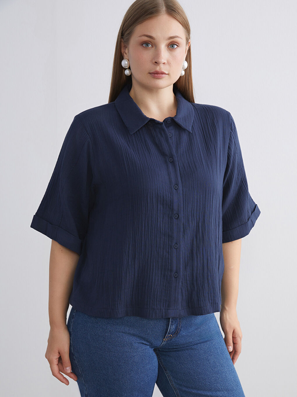 Lacivert Dokulu Müslin Kadın Gömlek-2