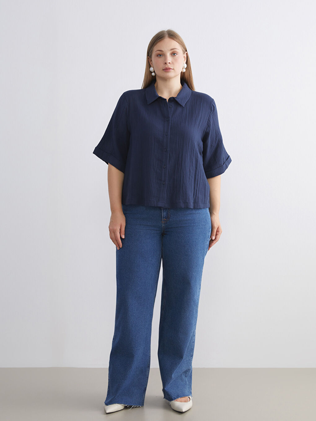 Lacivert Dokulu Müslin Kadın Gömlek-9