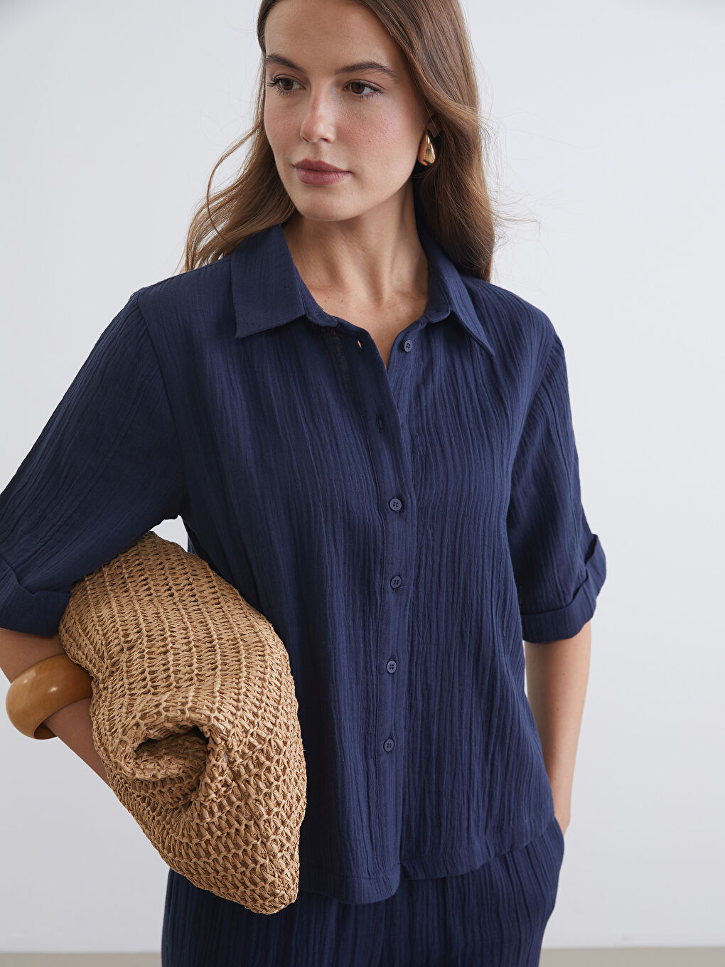 Lacivert Dokulu Müslin Kadın Gömlek-1