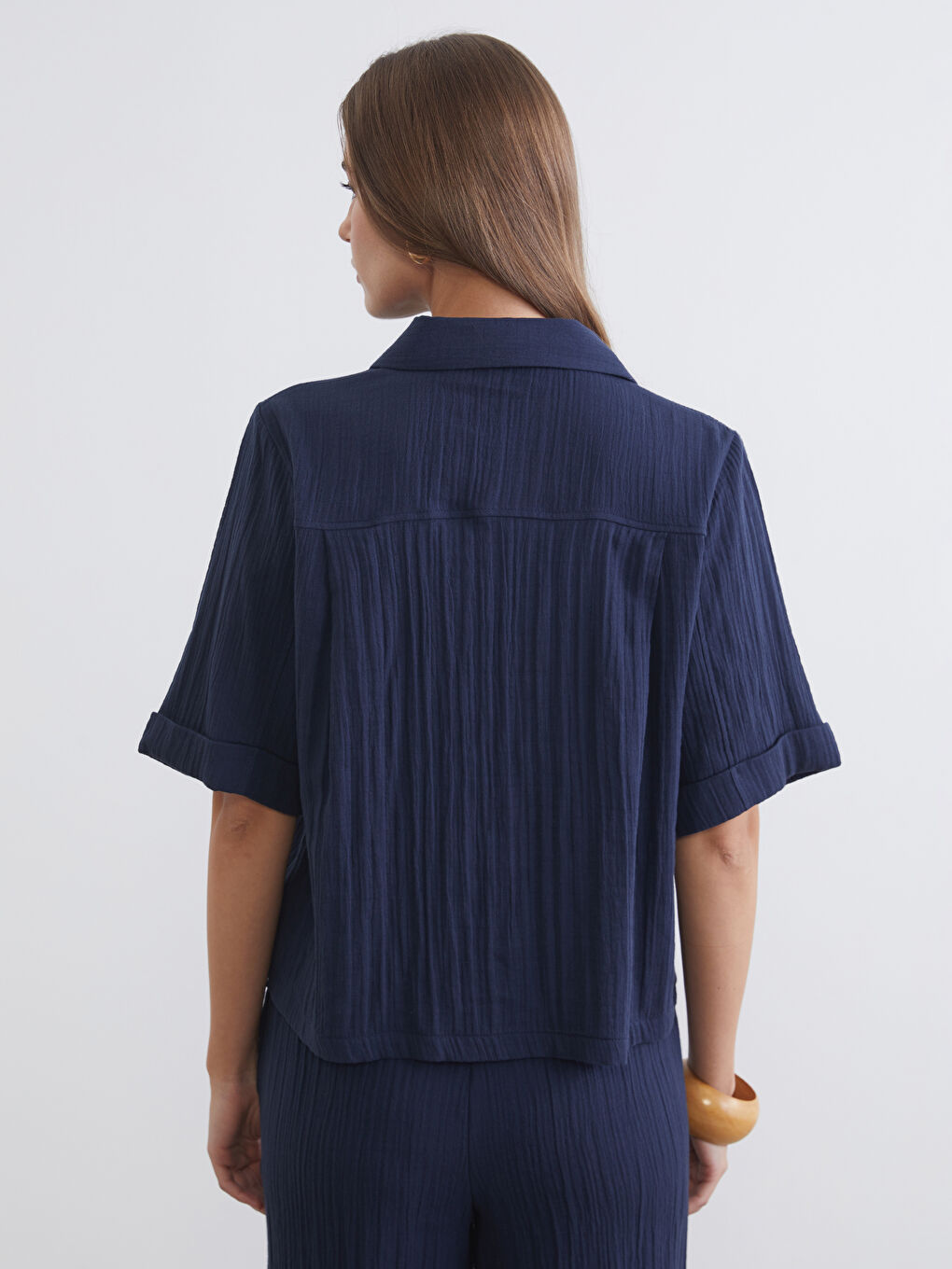 Lacivert Dokulu Müslin Kadın Gömlek-7