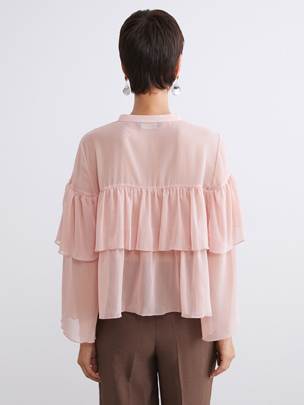 Pembe Bağlamalı Yaka Şifon Fırfırlı Bluz-3