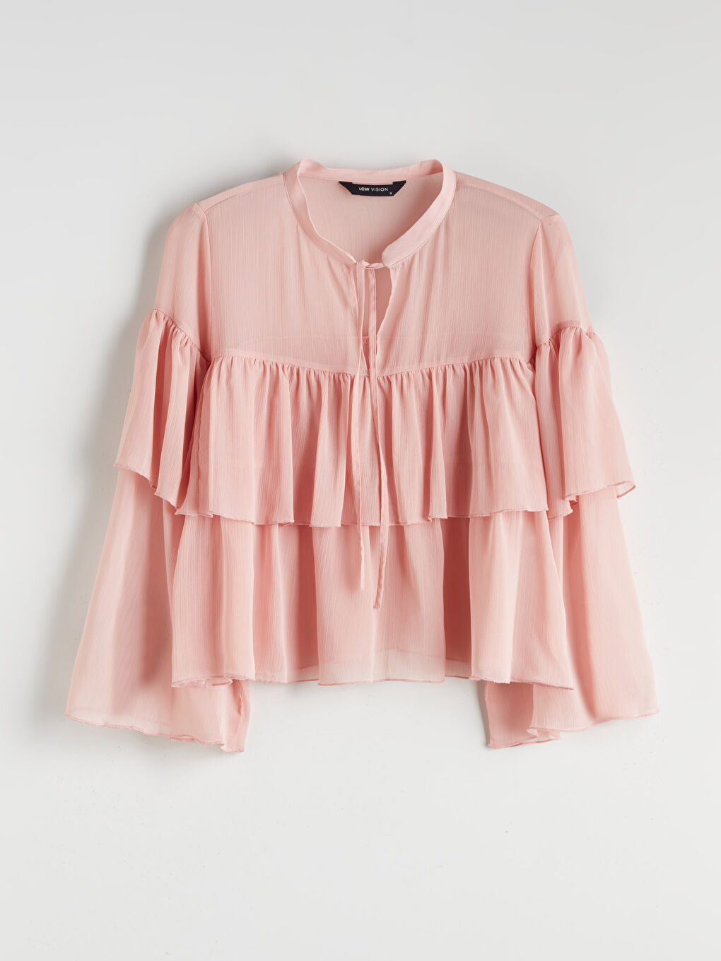 Pembe Bağlamalı Yaka Şifon Fırfırlı Bluz-4