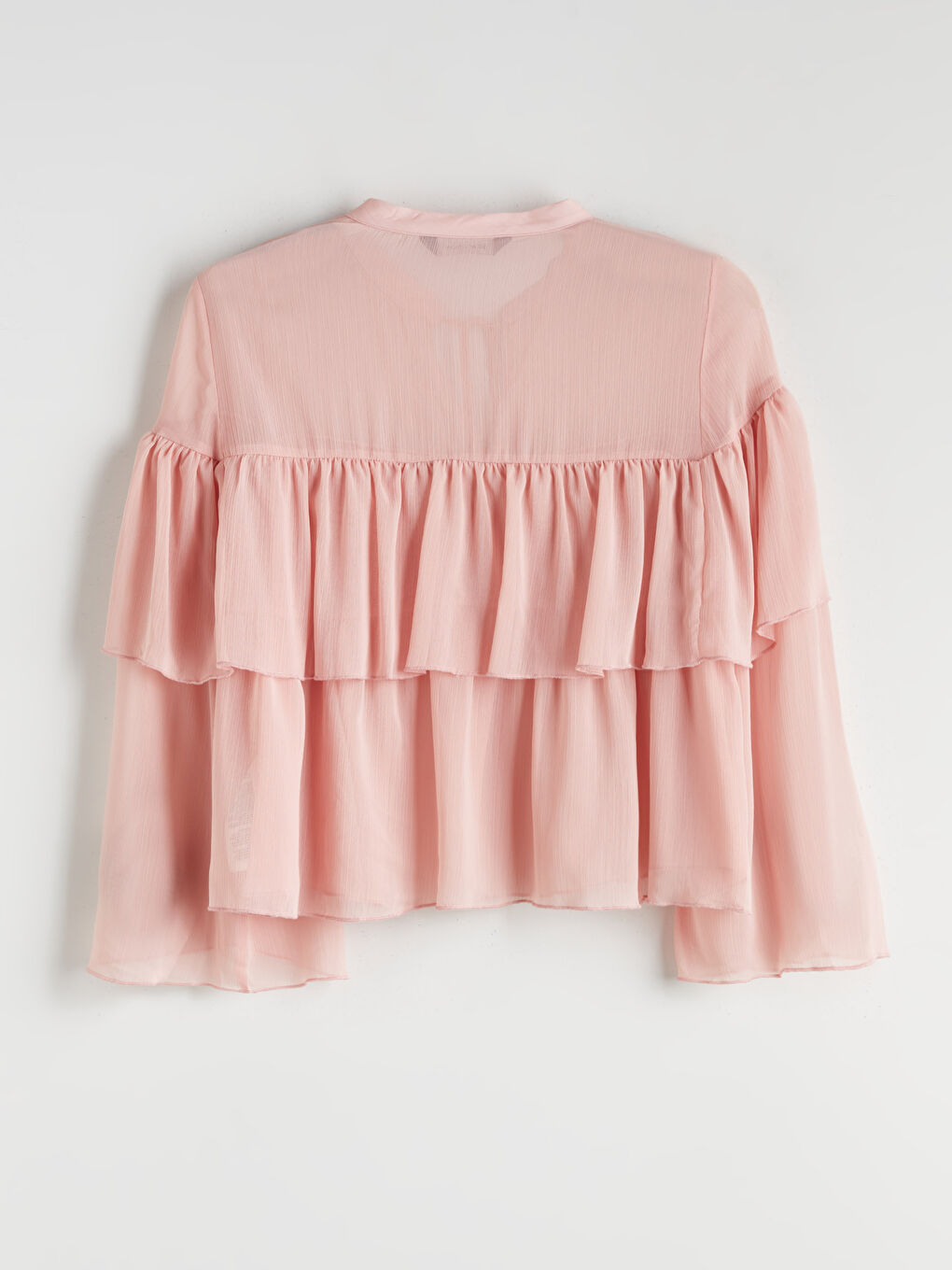 Pembe Bağlamalı Yaka Şifon Fırfırlı Bluz-5