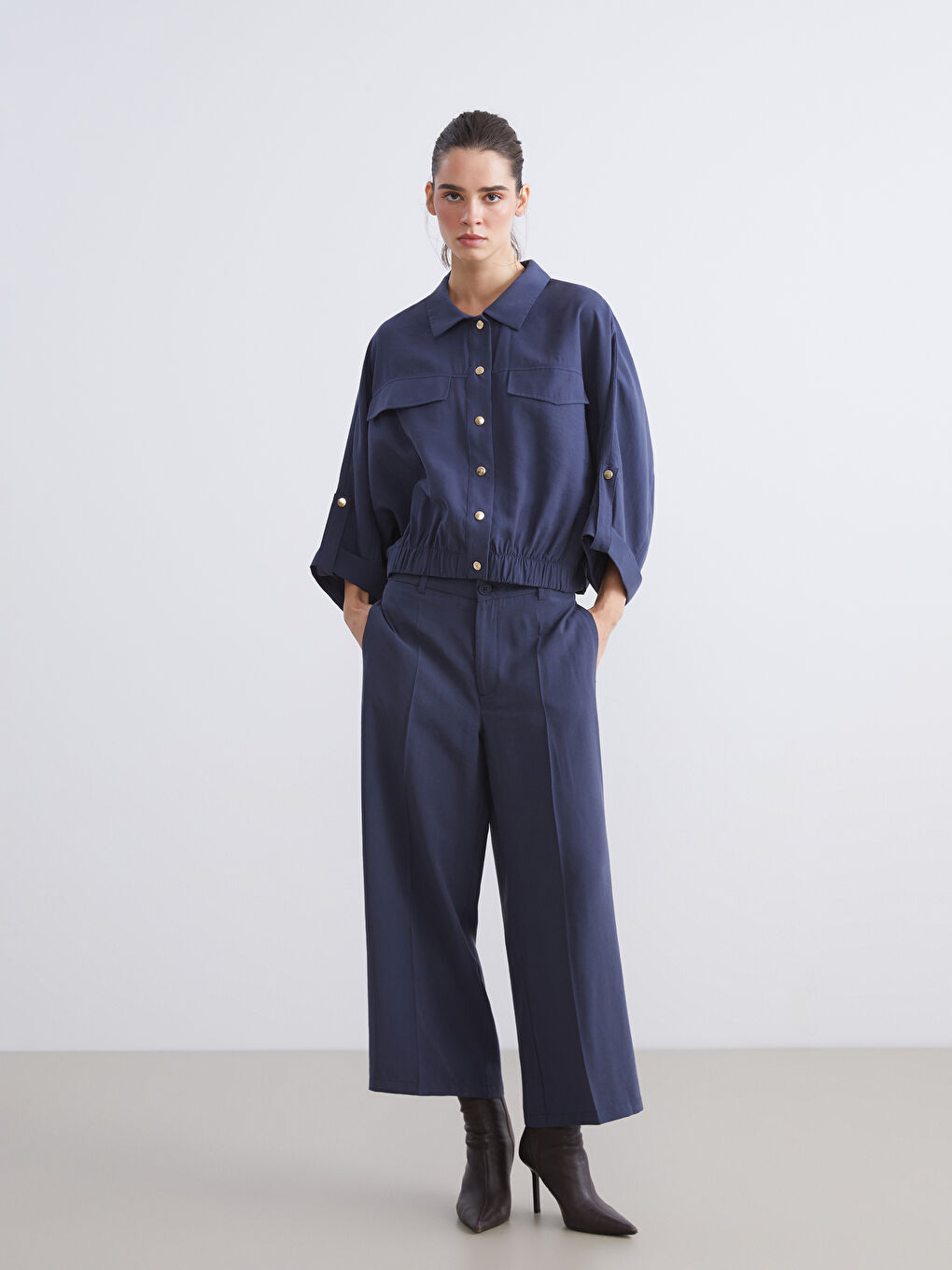 Lacivert Modal Karışımlı Oversize Kadın Gömlek-1