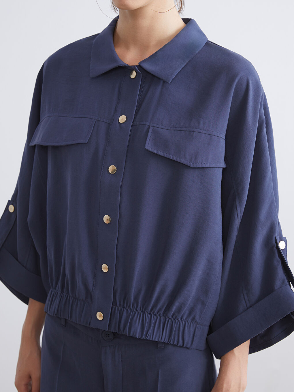 Lacivert Modal Karışımlı Oversize Kadın Gömlek-2