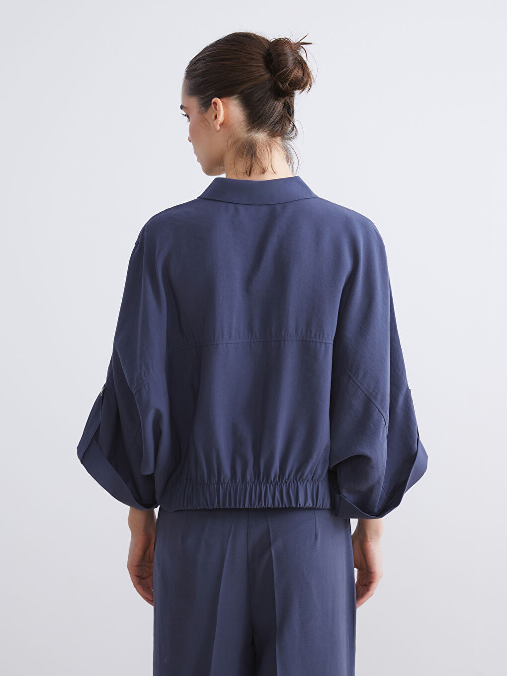 Lacivert Modal Karışımlı Oversize Kadın Gömlek-3