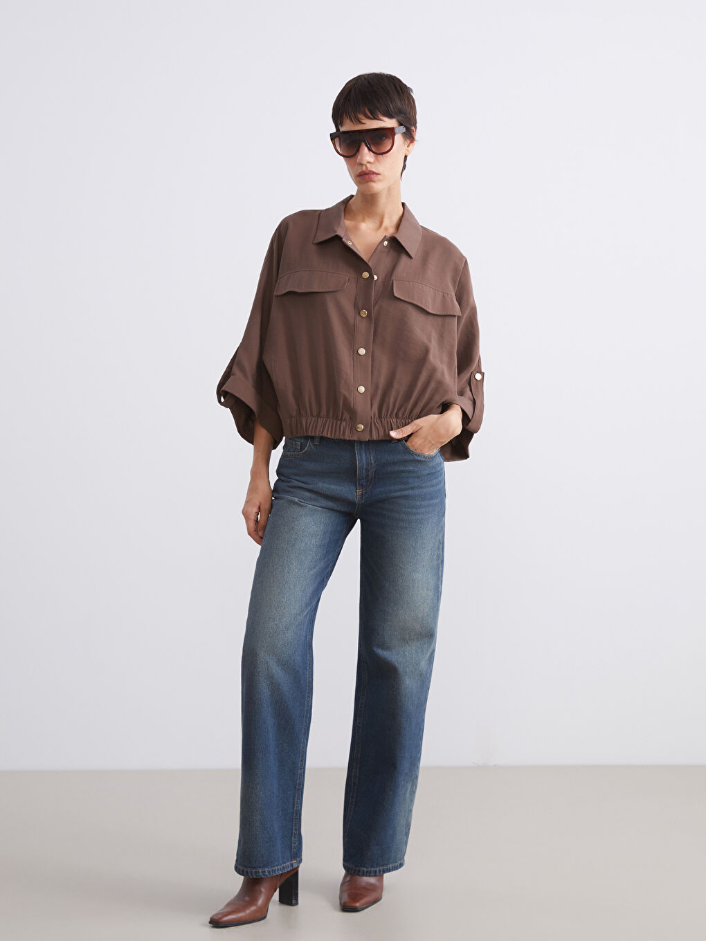 Kahverengi Modal Karışımlı Oversize Kadın Gömlek-1