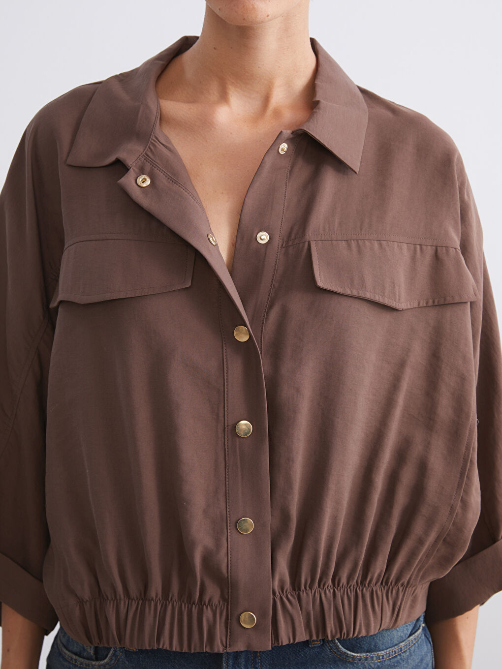 Kahverengi Modal Karışımlı Oversize Kadın Gömlek-2