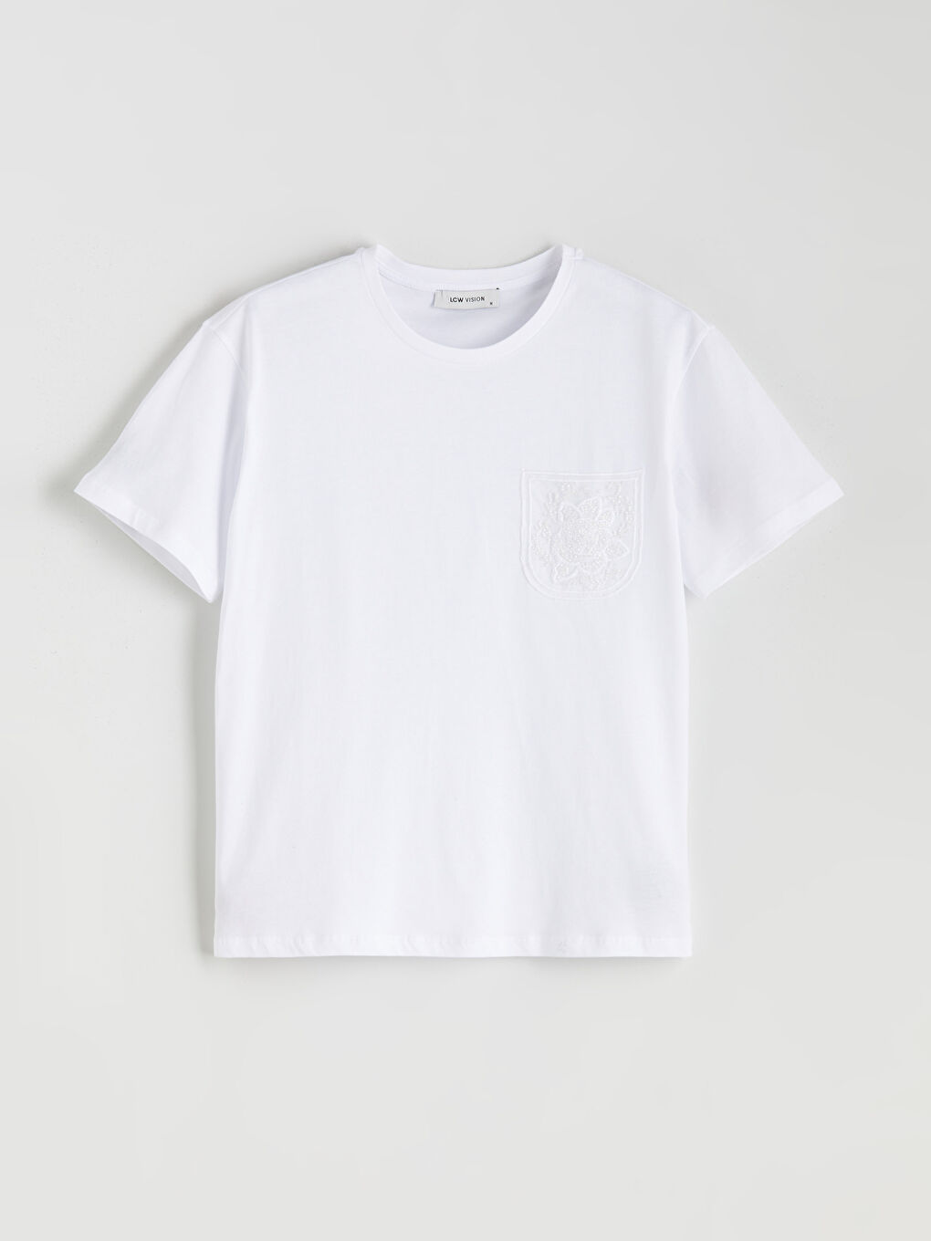 Ekru Bisiklet Yaka Dantel Cepli Kadın Tişört-5