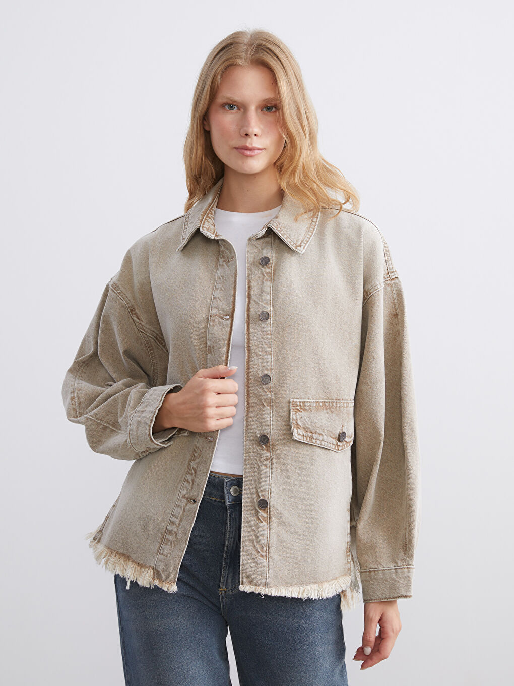 Kahverengi Oversize Kadın Jean Gömlek Ceket