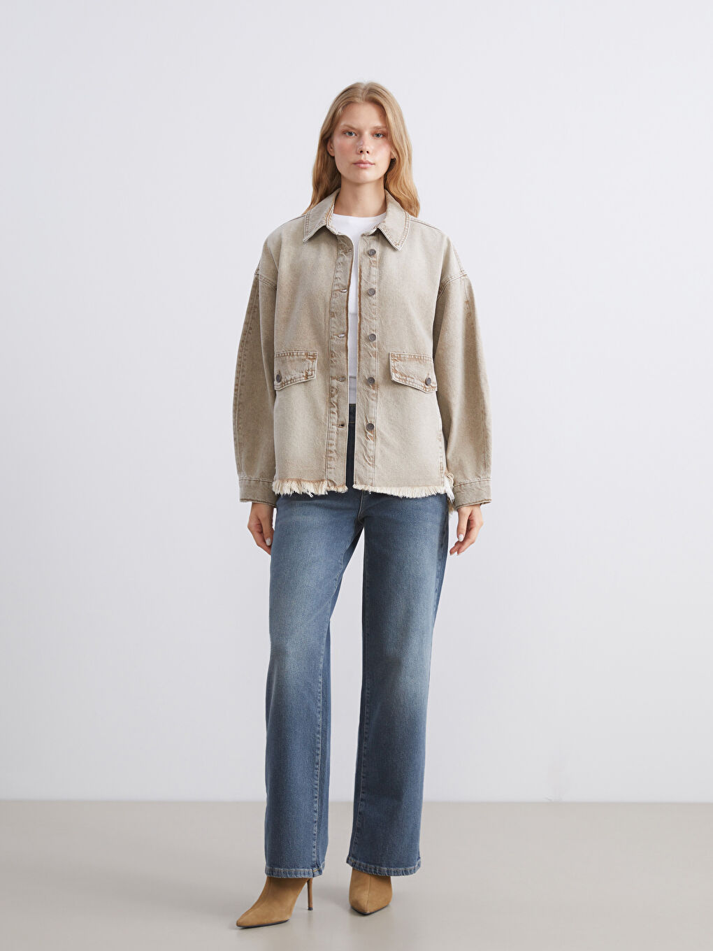 Kahverengi Oversize Kadın Jean Gömlek Ceket-1