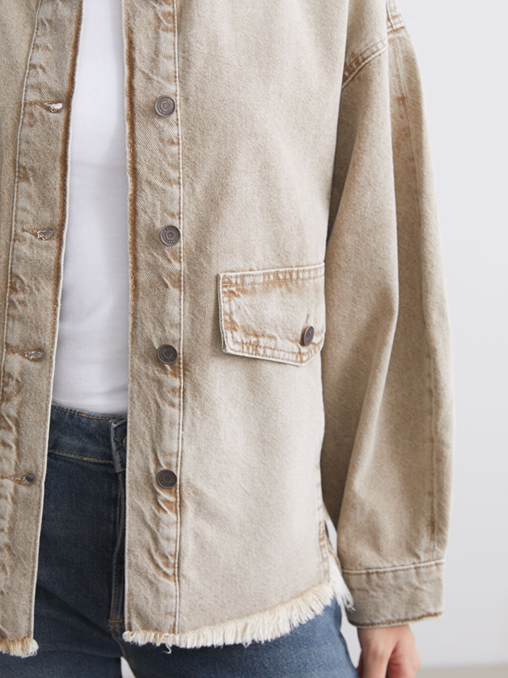 Kahverengi Oversize Kadın Jean Gömlek Ceket-2