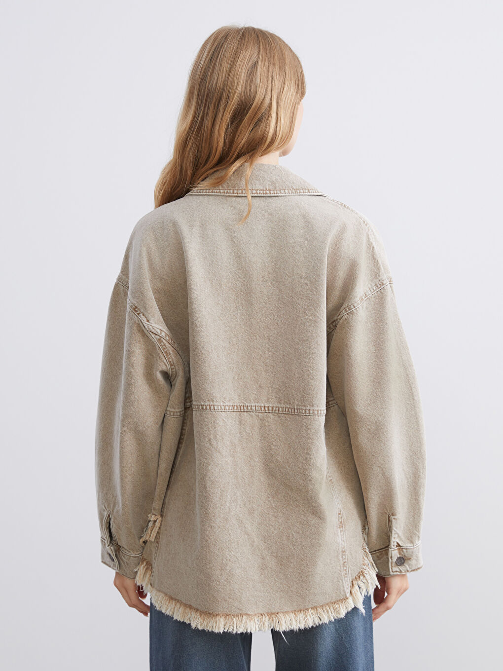 Kahverengi Oversize Kadın Jean Gömlek Ceket-3