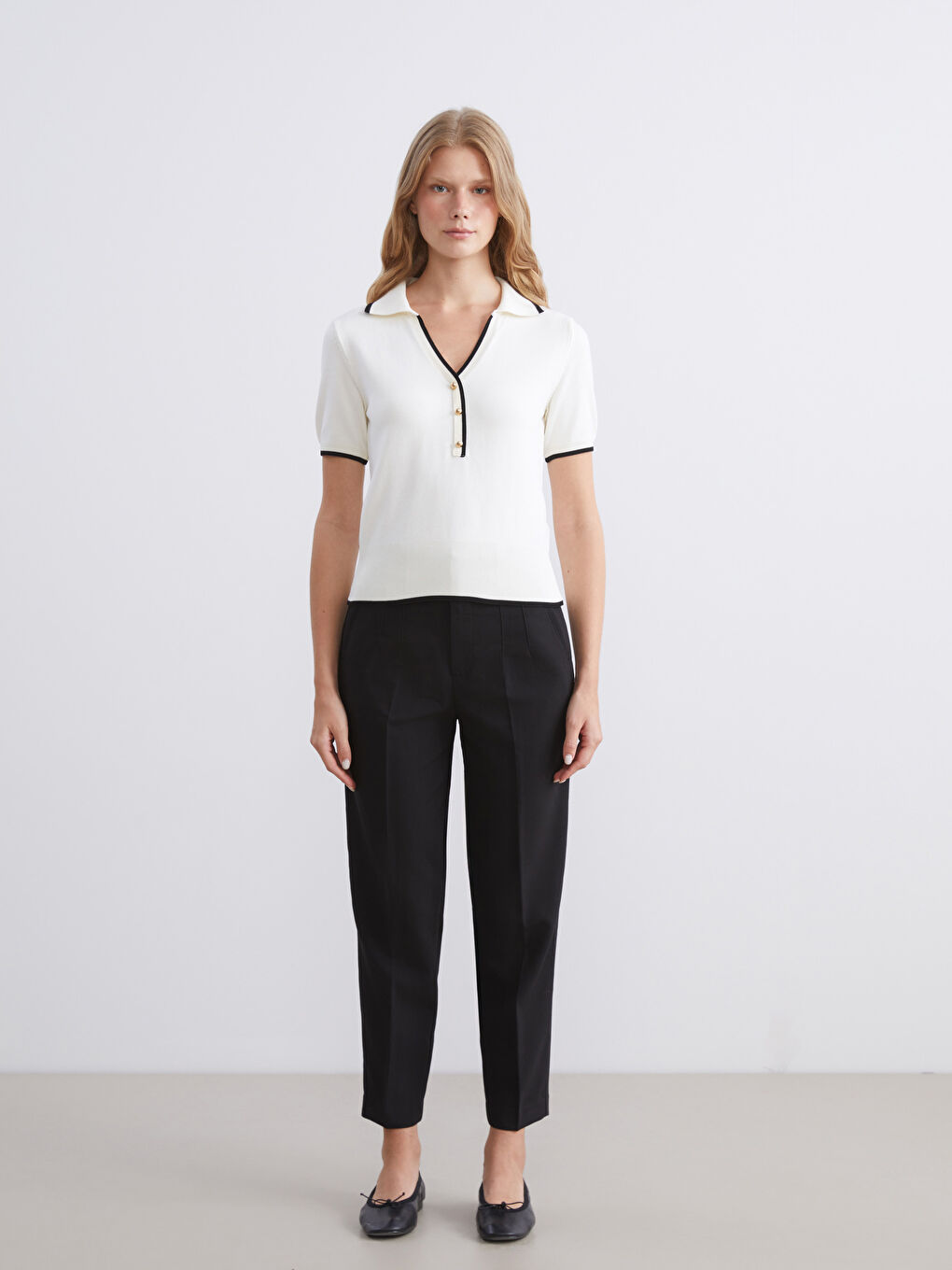 Ekru Polo Yaka Kadın Triko Kazak-1