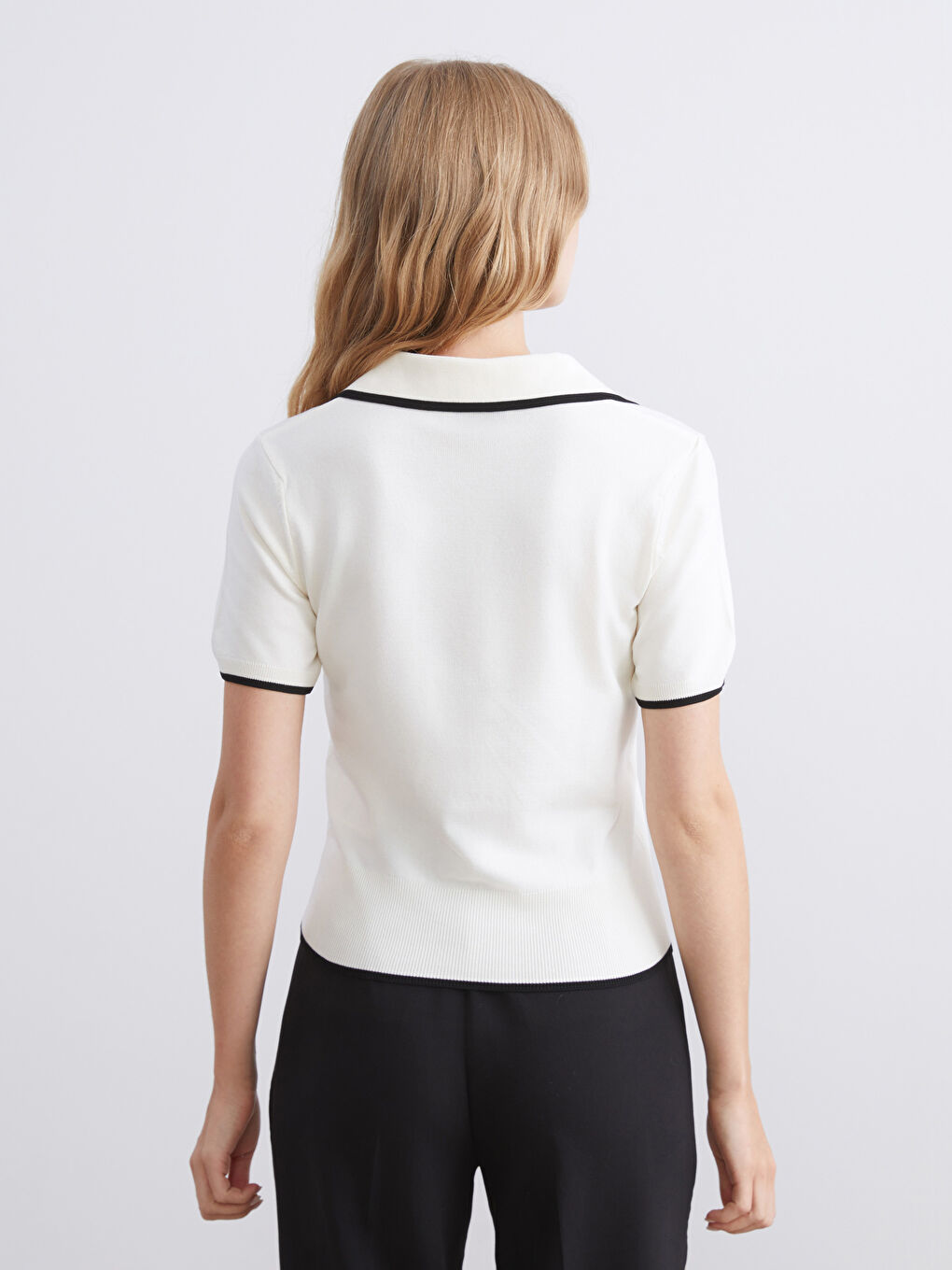 Ekru Polo Yaka Kadın Triko Kazak-3