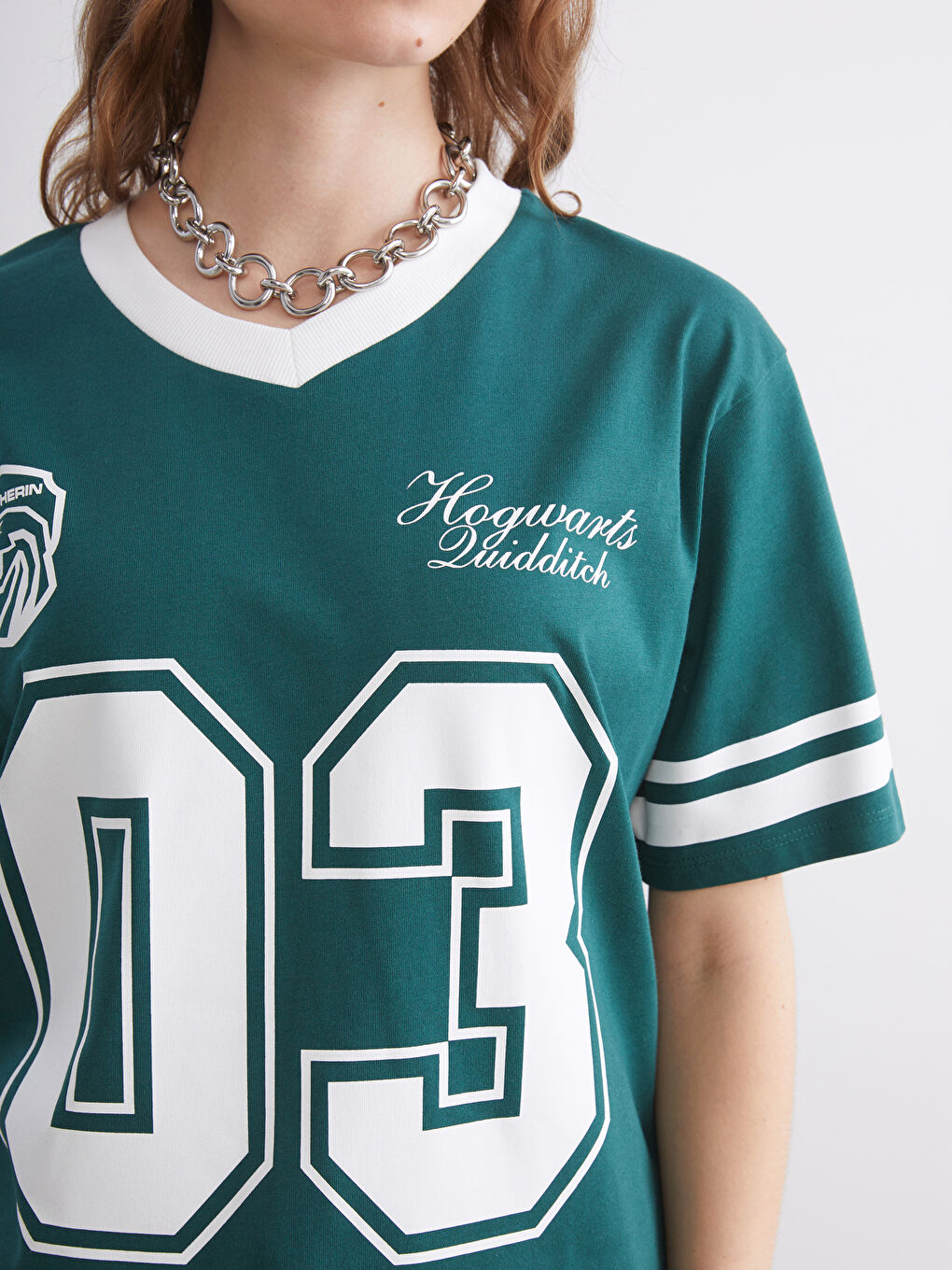 Yeşil V Yaka Harry Potter Baskılı Oversize Kadın Tişört-3