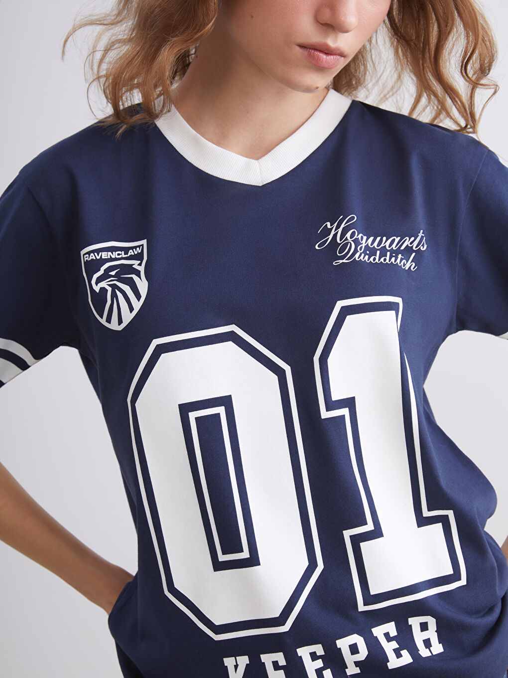 Lacivert V Yaka Harry Potter Baskılı Oversize Kadın Tişört-3