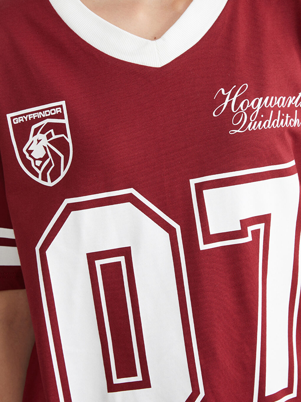 Bordo V Yaka Harry Potter Baskılı Oversize Kadın Tişört-3