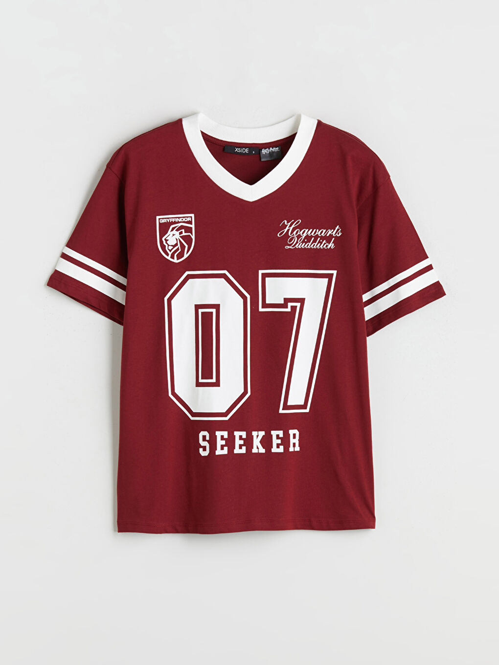 Bordo V Yaka Harry Potter Baskılı Oversize Kadın Tişört-5