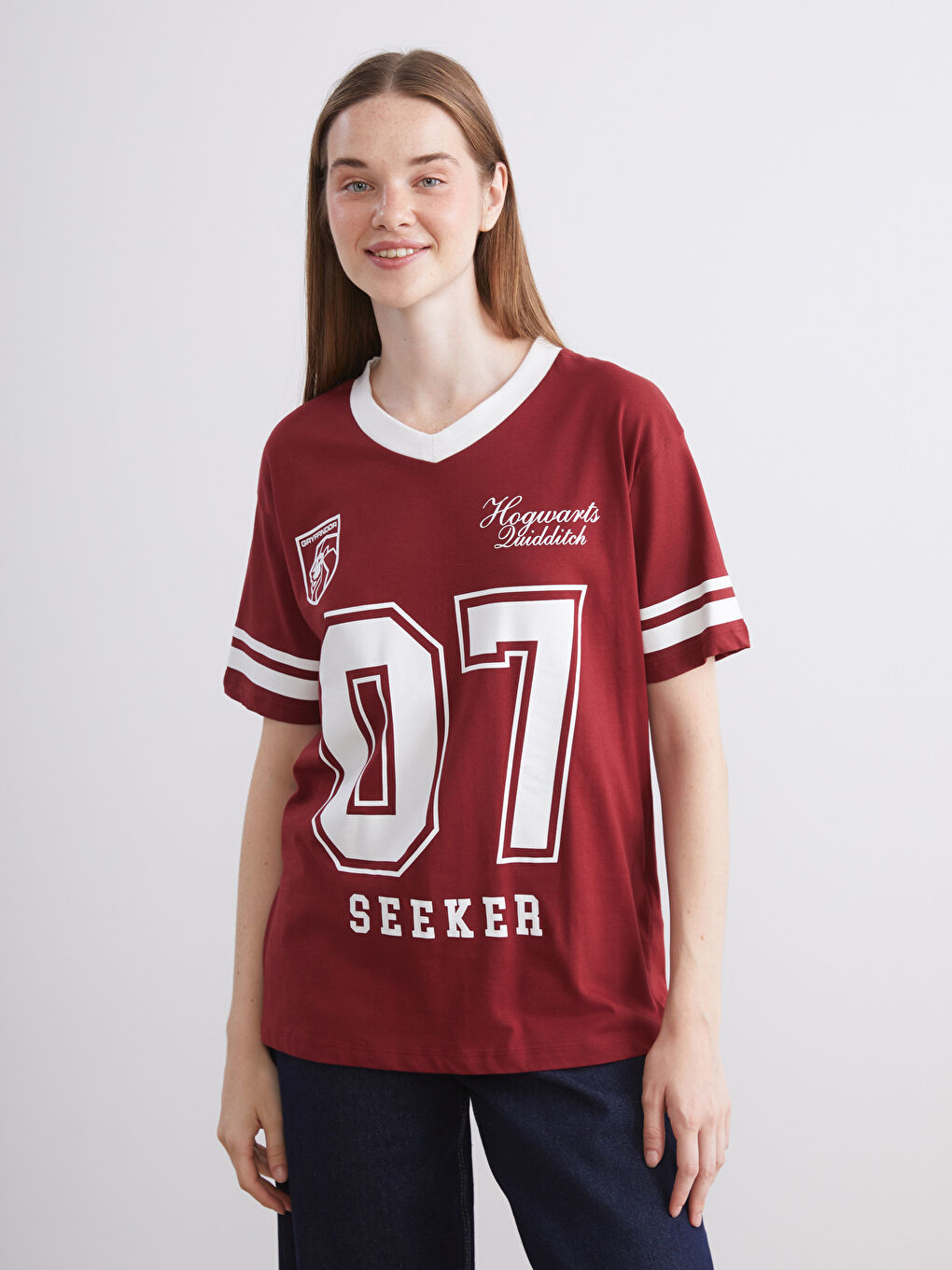 Bordo V Yaka Harry Potter Baskılı Oversize Kadın Tişört