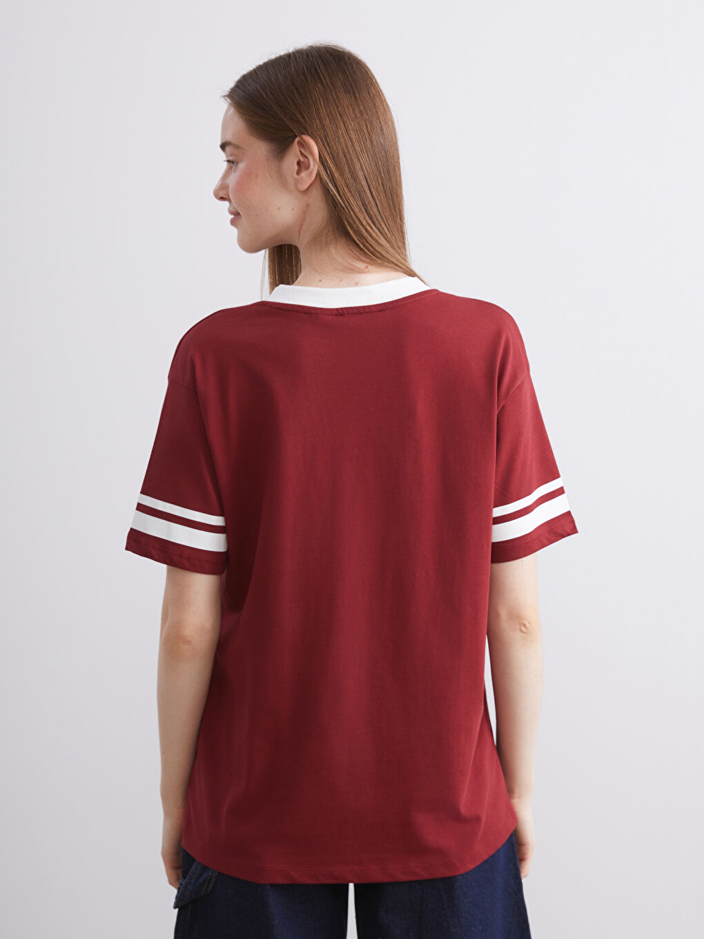 Bordo V Yaka Harry Potter Baskılı Oversize Kadın Tişört-3