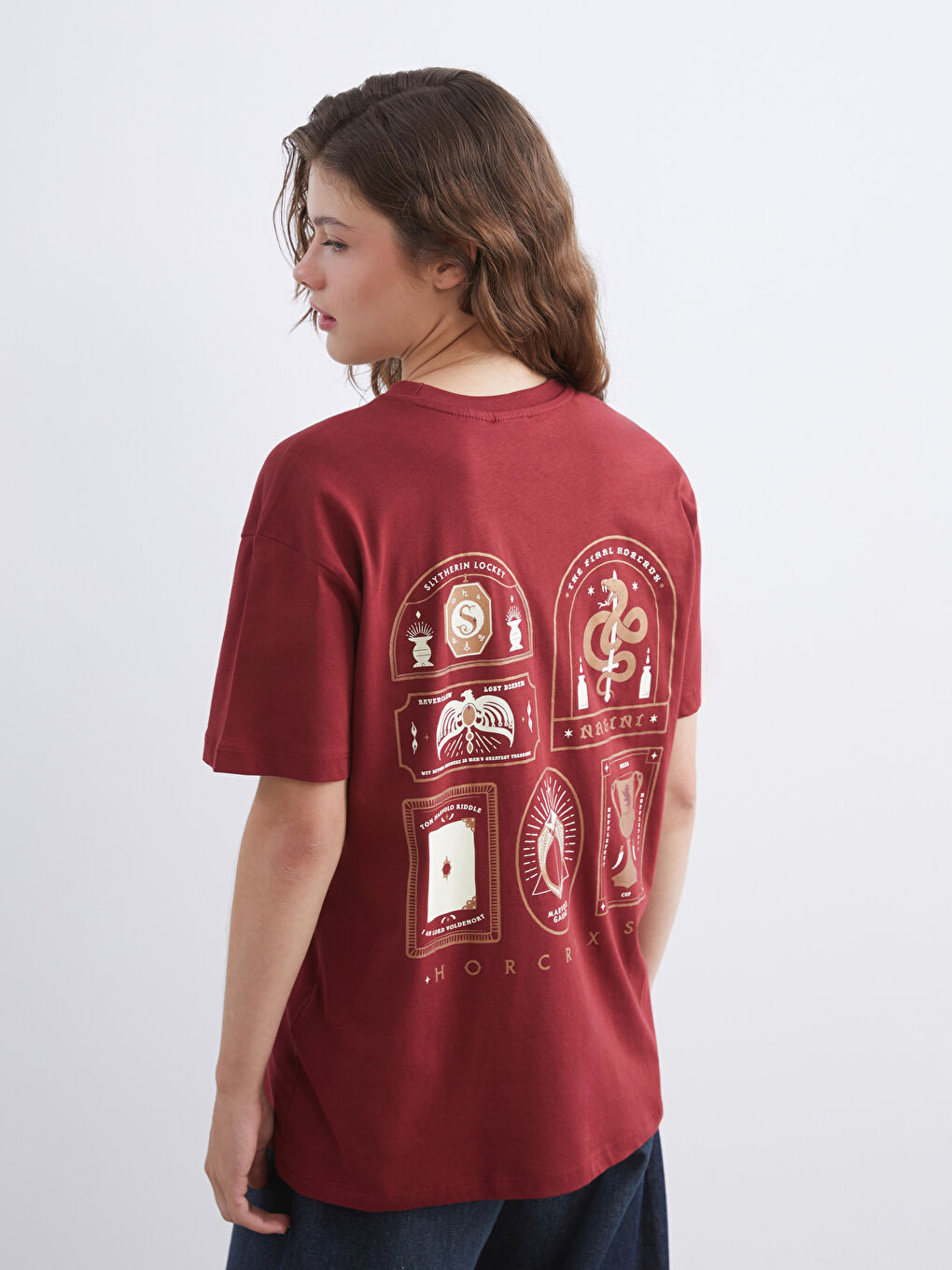 Bordo Bisiklet Yaka Harry Potter Baskılı Kadın Tişört-1