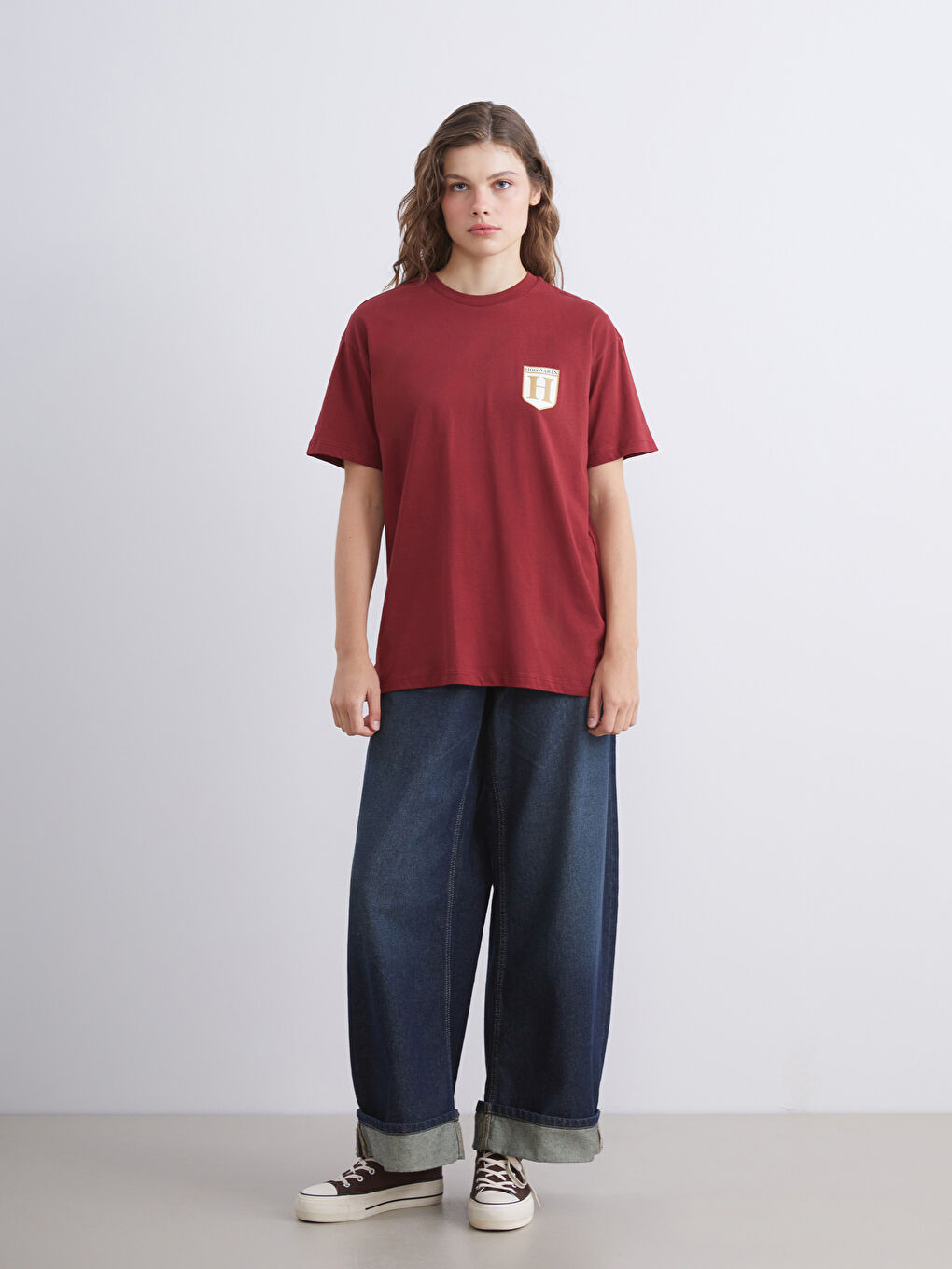 Bordo Bisiklet Yaka Harry Potter Baskılı Kadın Tişört-2